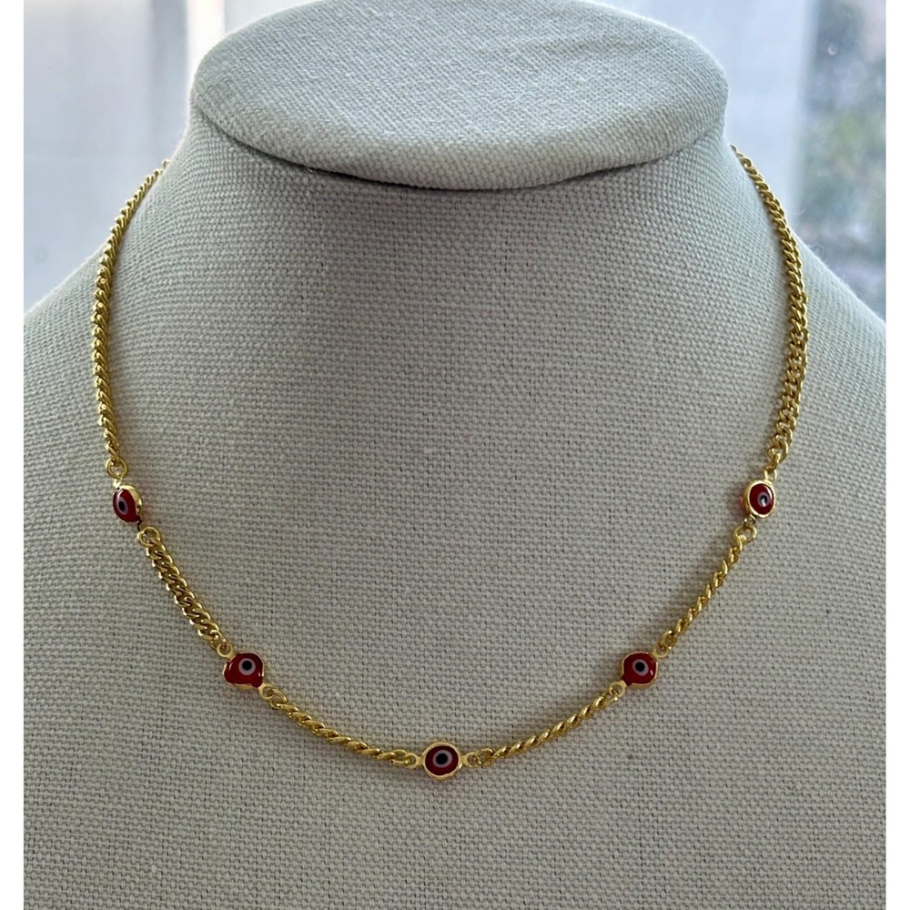 Gold tone  Necklace With Red  Black Evil Eye Charms Adjustable Length Dainty NEW